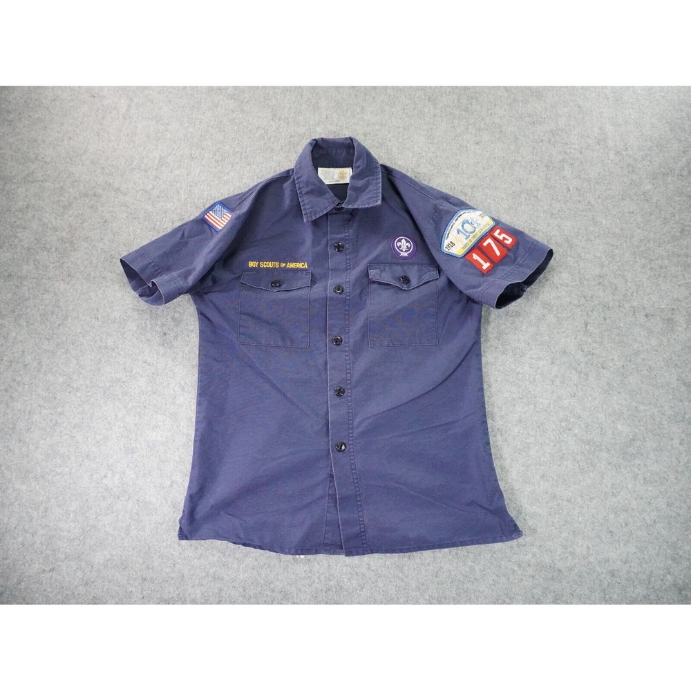 Boy Scouts of America BSA Youth‎ Shirt Large Blue Patches Button Up Short Sleeve